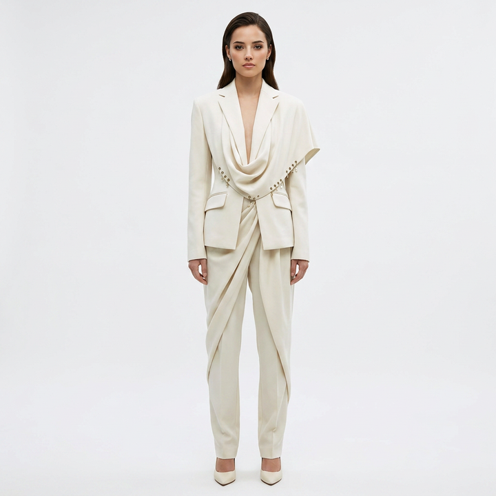 Waterfall Draped Pearl Beaded Tailored Blazer for Meetings Ready Women-Vyana Collective