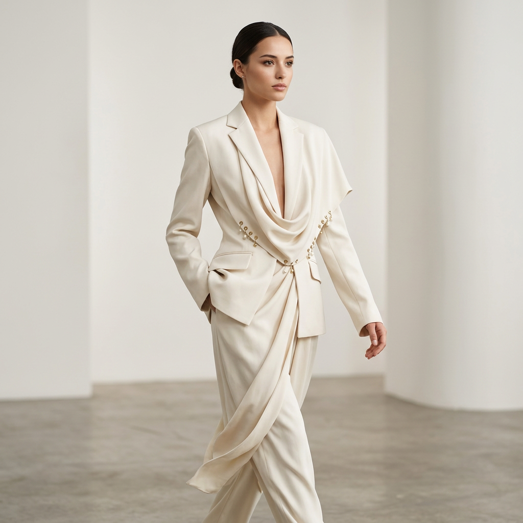 Waterfall Draped Pearl Beaded Tailored Blazer for Meetings Ready Women-Vyana Collective