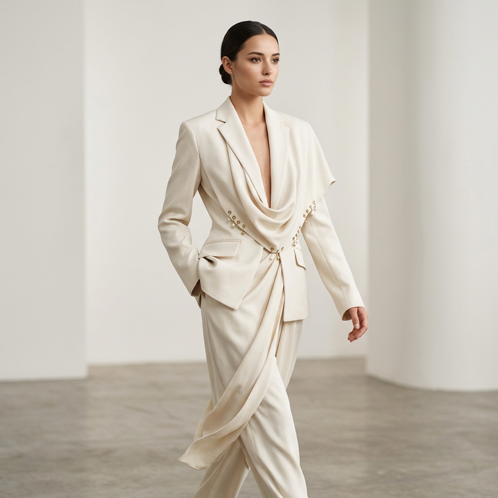 Waterfall Draped Pearl Beaded Tailored Blazer for Meetings Ready Women-Vyana Collective