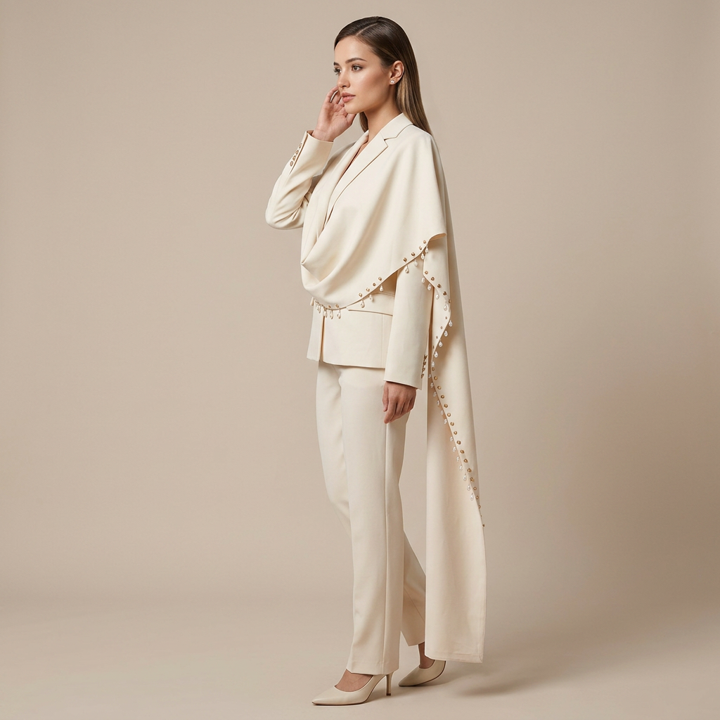 Waterfall Draped Pearl Beaded Tailored Blazer for Meetings Ready Women-Vyana Collective