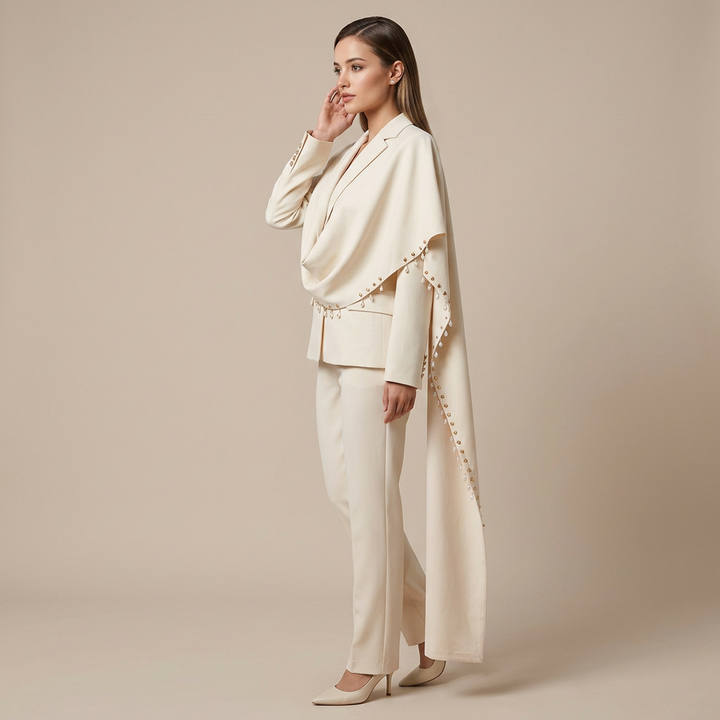 Waterfall Draped Pearl Beaded Tailored Blazer for Meetings Ready Women-Vyana Collective