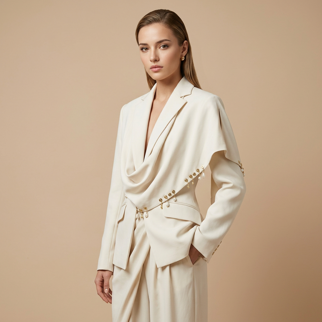 Waterfall Draped Pearl Beaded Tailored Blazer for Meetings Ready Women-Vyana Collective