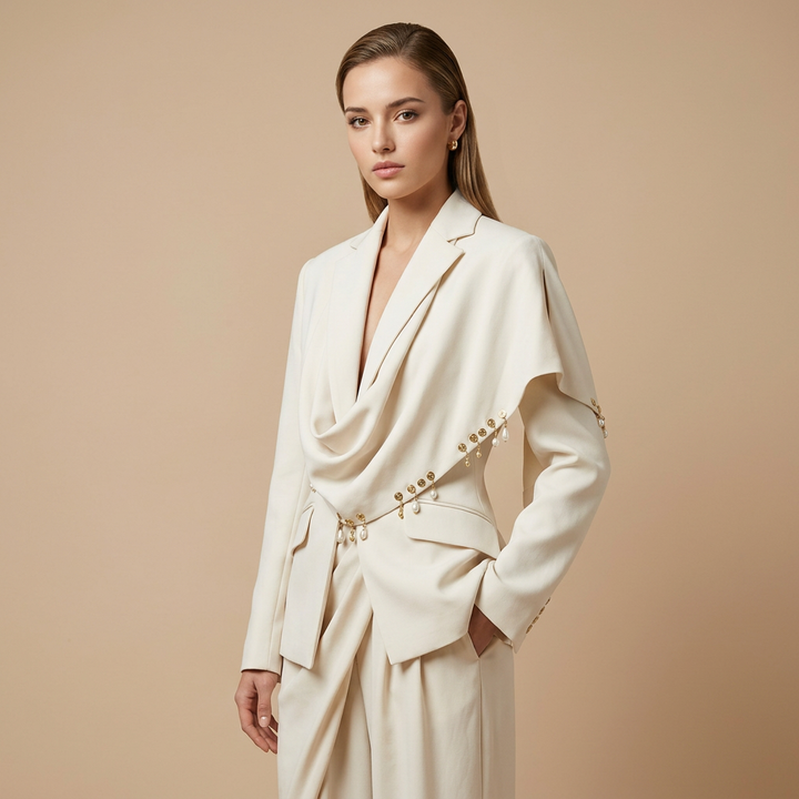Waterfall Draped Pearl Beaded Tailored Blazer for Meetings Ready Women-Vyana Collective