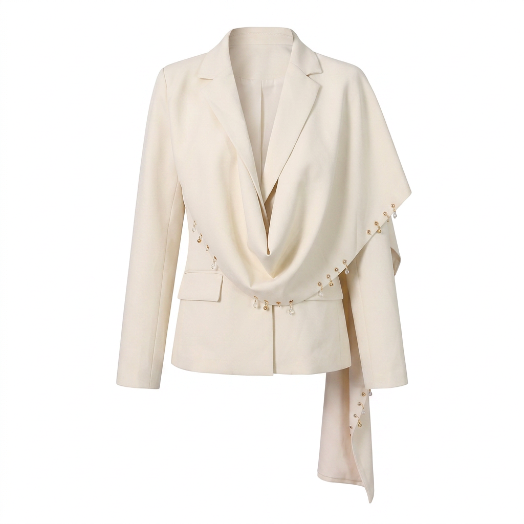 Waterfall Draped Pearl Beaded Tailored Blazer for Meetings Ready Women-Vyana Collective