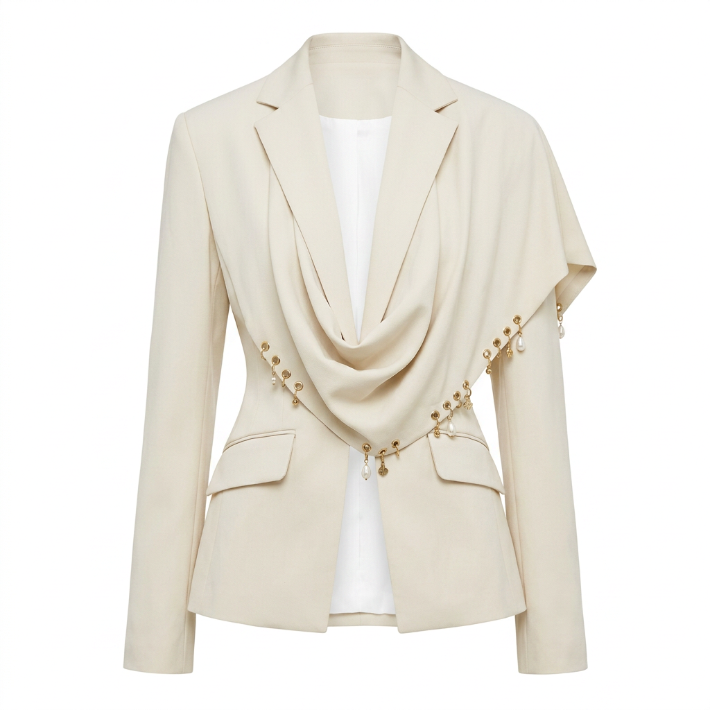 Waterfall Draped Pearl Beaded Tailored Blazer for Meetings Ready Women-Vyana Collective