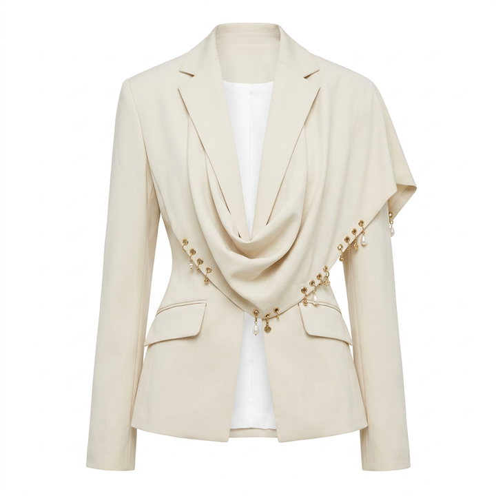 Waterfall Draped Pearl Beaded Tailored Blazer for Meetings Ready Women-Vyana Collective