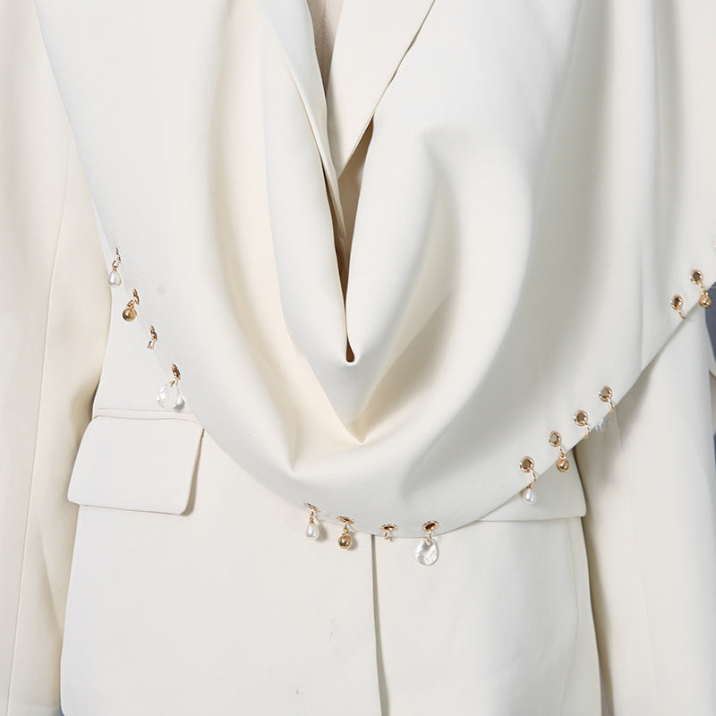 Waterfall Draped Pearl Beaded Tailored Blazer for Meetings Ready Women-Vyana Collective