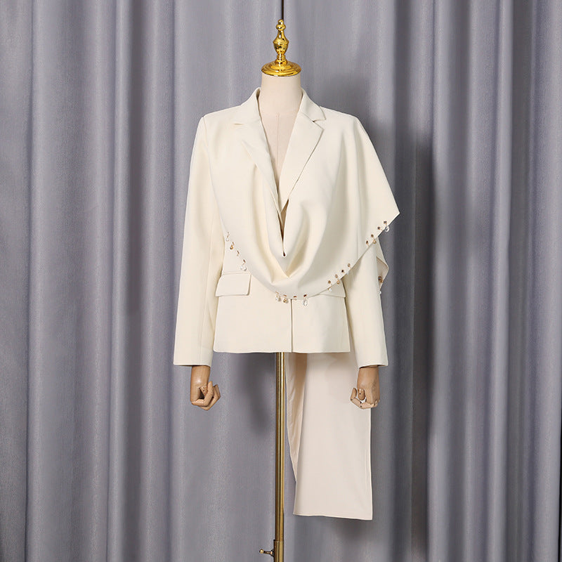 Waterfall Draped Pearl Beaded Tailored Blazer for Meetings Ready Women-Vyana Collective