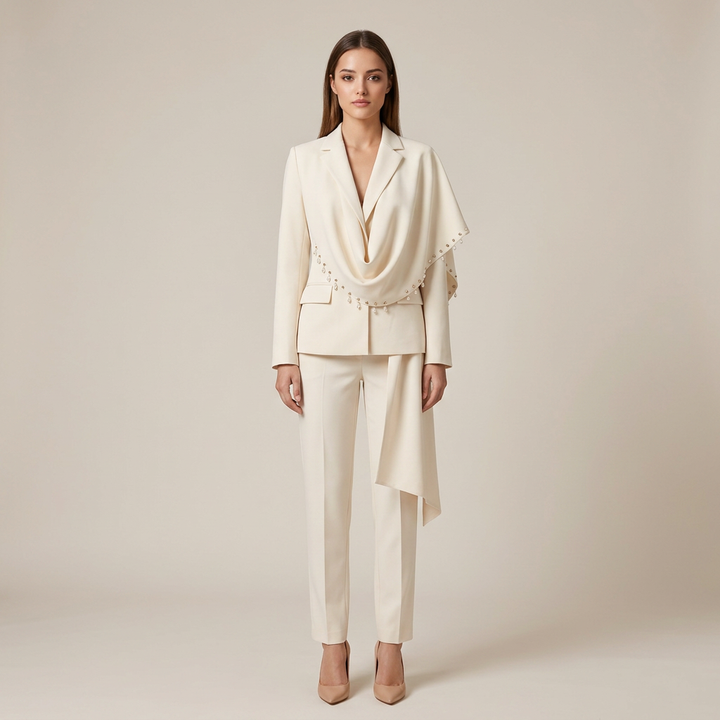 Waterfall Draped Pearl Beaded Tailored Blazer for Meetings Ready Women-Vyana Collective