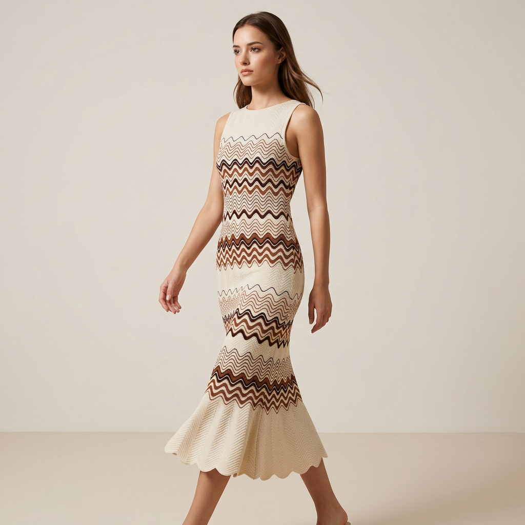 Wavy Stripe Fishtail Knit Midi Dress-Vyana Collective