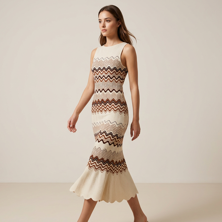 Wavy Stripe Fishtail Knit Midi Dress-Vyana Collective