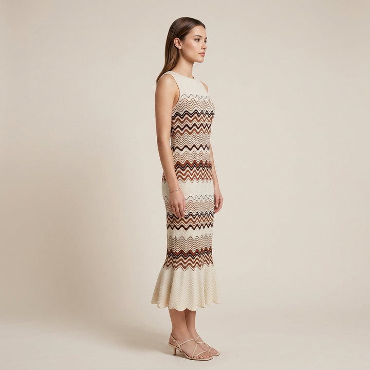 Wavy Stripe Fishtail Knit Midi Dress-Vyana Collective