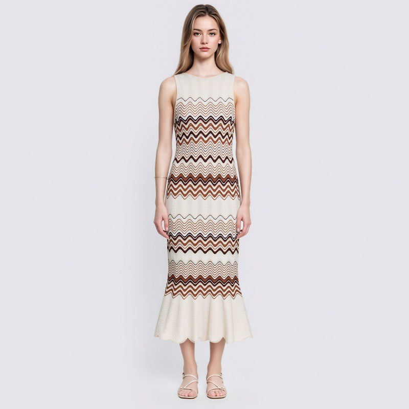Wavy Stripe Fishtail Knit Midi Dress-Vyana Collective