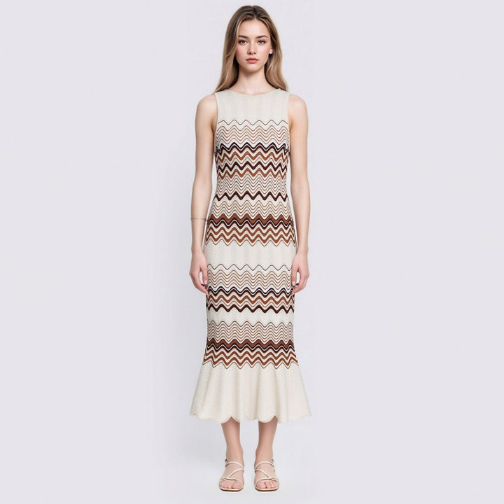 Wavy Stripe Fishtail Knit Midi Dress-Vyana Collective