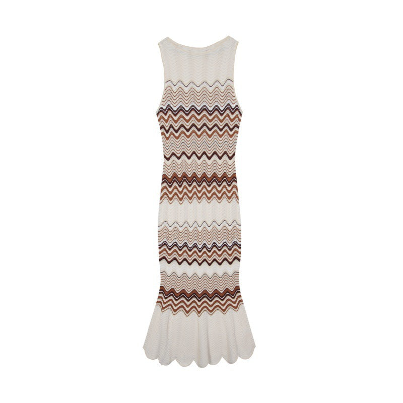 Wavy Stripe Fishtail Knit Midi Dress-Vyana Collective