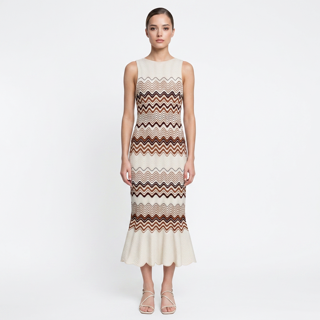 Wavy Stripe Fishtail Knit Midi Dress-Vyana Collective