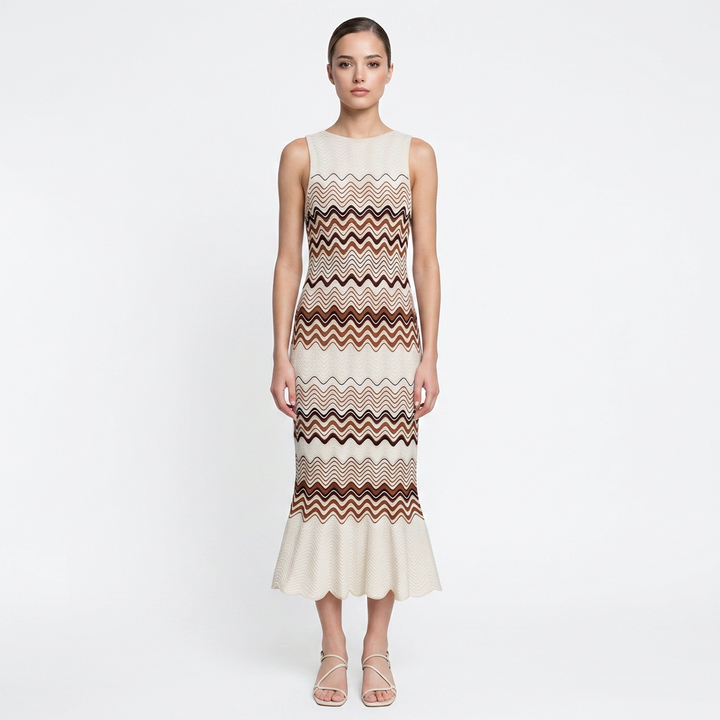 Wavy Stripe Fishtail Knit Midi Dress-Vyana Collective