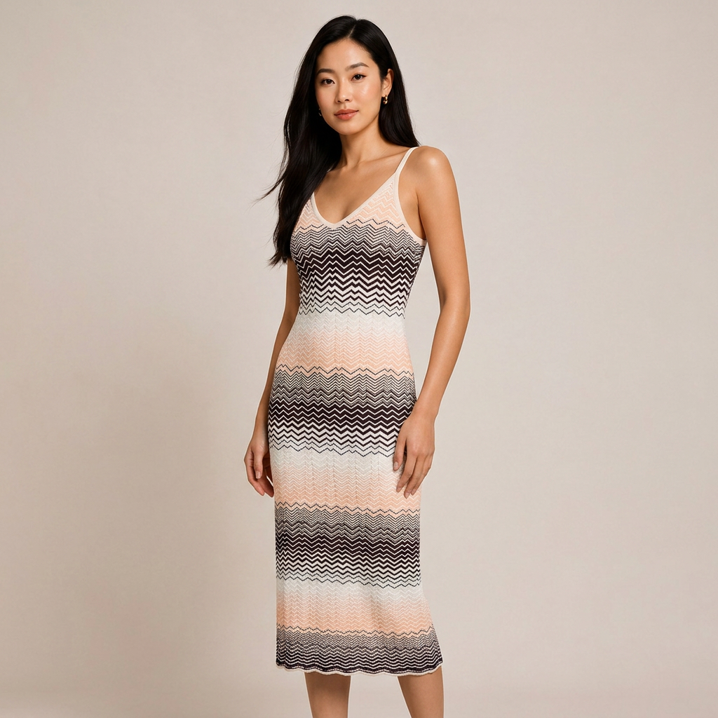 Wavy Stripe V-Neck Knit Midi Dress-Vyana Collective