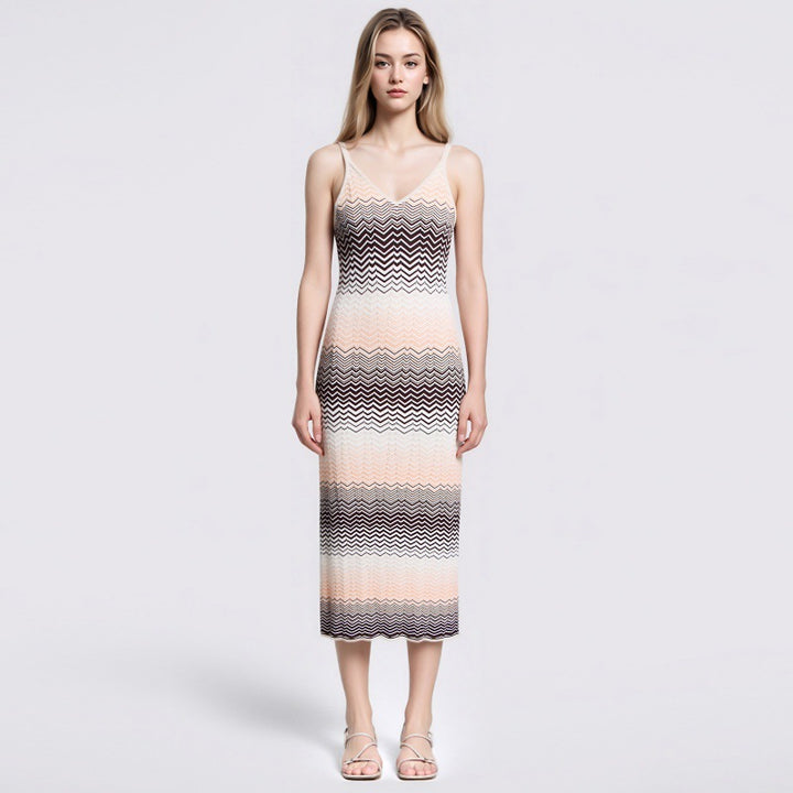 Wavy Stripe V-Neck Knit Midi Dress-Vyana Collective