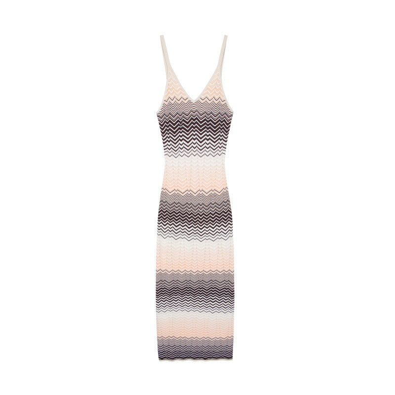 Wavy Stripe V-Neck Knit Midi Dress-Vyana Collective