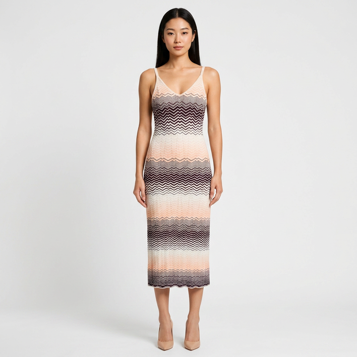 Wavy Stripe V-Neck Knit Midi Dress-Vyana Collective