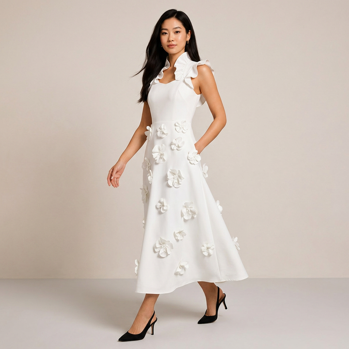 White 3D Floral Appliqué A-Line Maxi Dress-Vyana Collective
