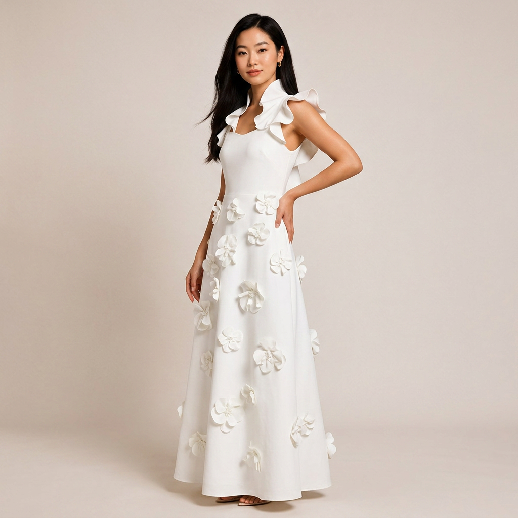 White 3D Floral Appliqué A-Line Maxi Dress-Vyana Collective