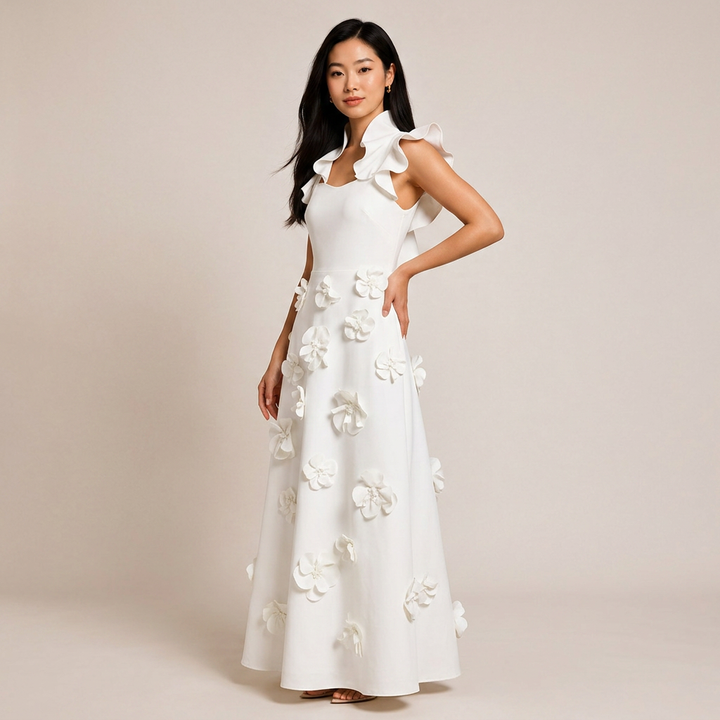White 3D Floral Appliqué A-Line Maxi Dress-Vyana Collective