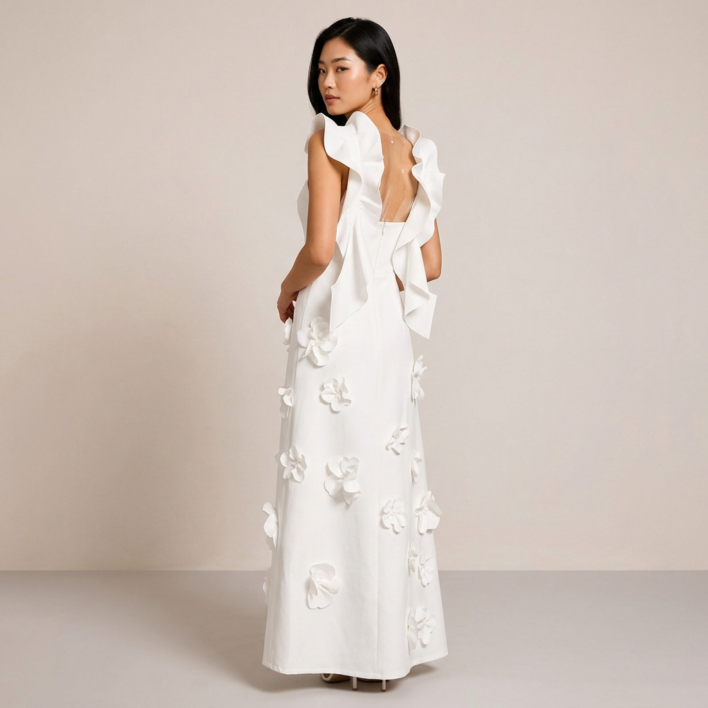 White 3D Floral Appliqué A-Line Maxi Dress-Vyana Collective