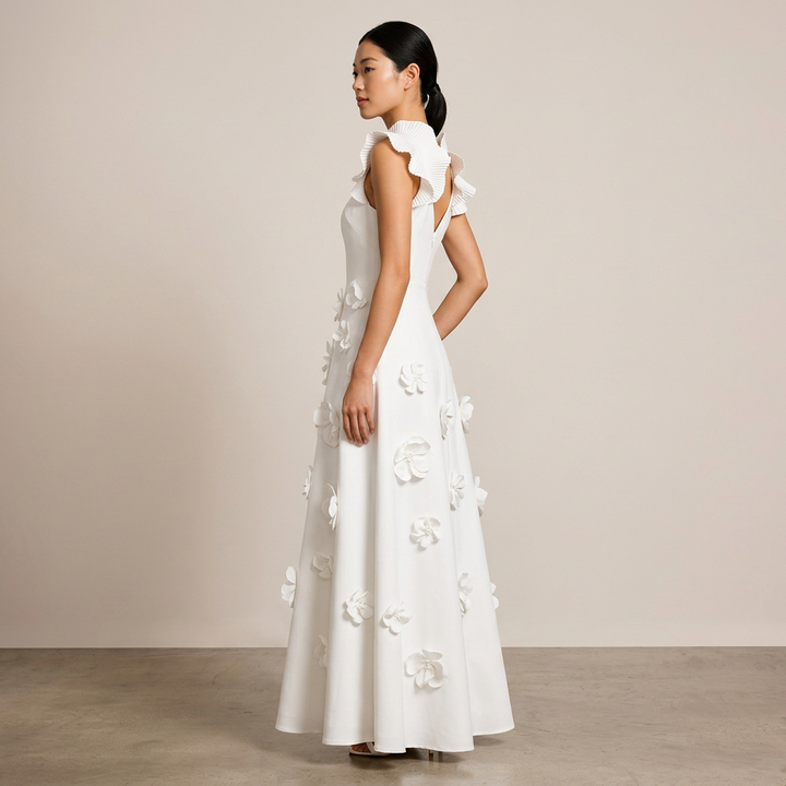 White 3D Floral Appliqué A-Line Maxi Dress-Vyana Collective