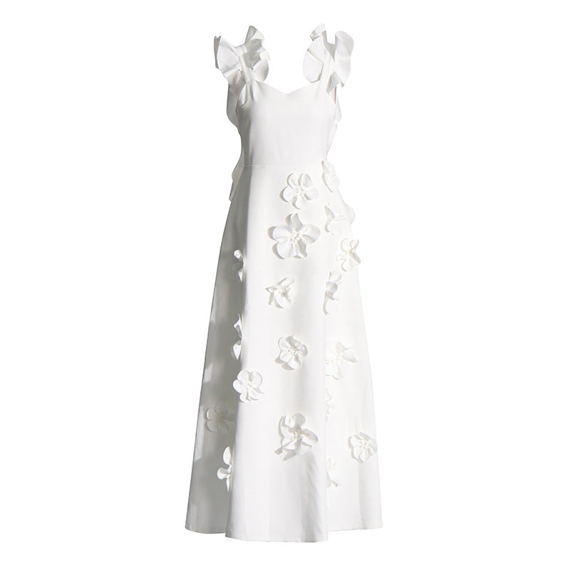 White 3D Floral Appliqué A-Line Maxi Dress-Vyana Collective