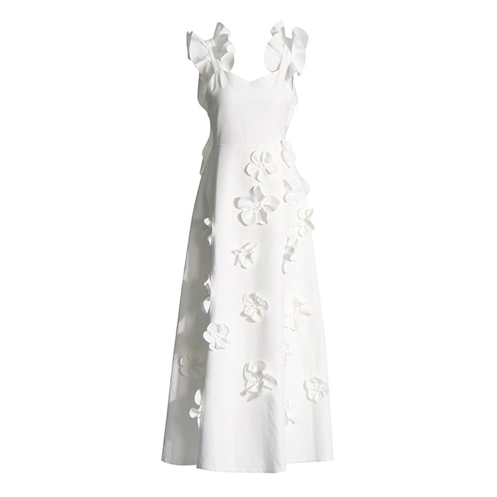 White 3D Floral Appliqué A-Line Maxi Dress-Vyana Collective
