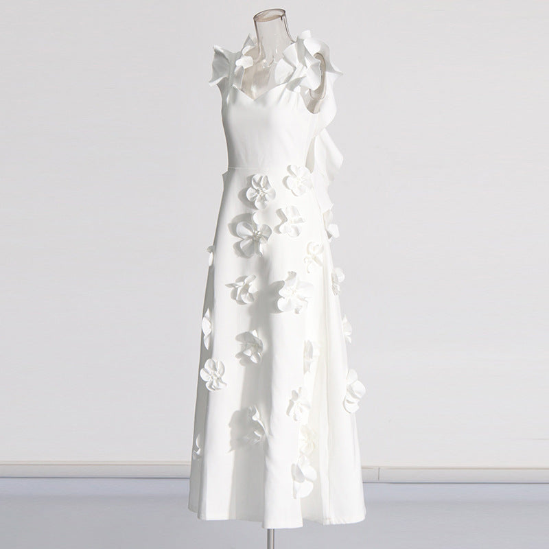 White 3D Floral Appliqué A-Line Maxi Dress-Vyana Collective
