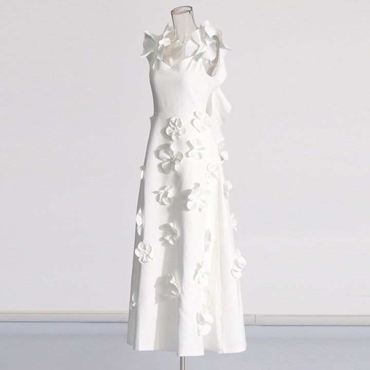 White 3D Floral Appliqué A-Line Maxi Dress-Vyana Collective