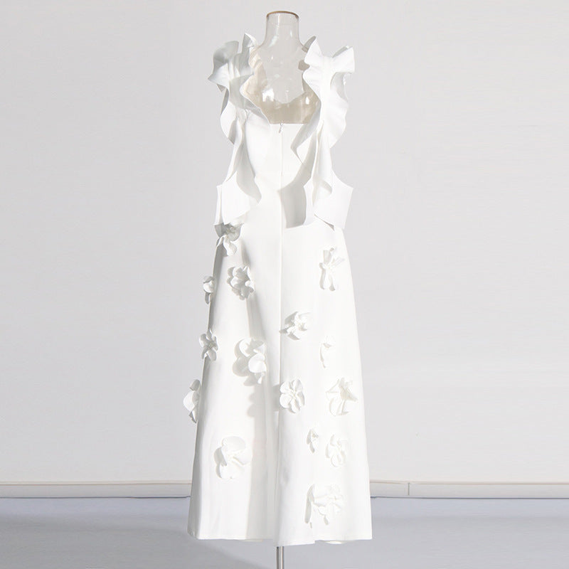 White 3D Floral Appliqué A-Line Maxi Dress-Vyana Collective