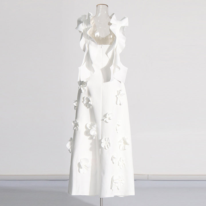 White 3D Floral Appliqué A-Line Maxi Dress-Vyana Collective