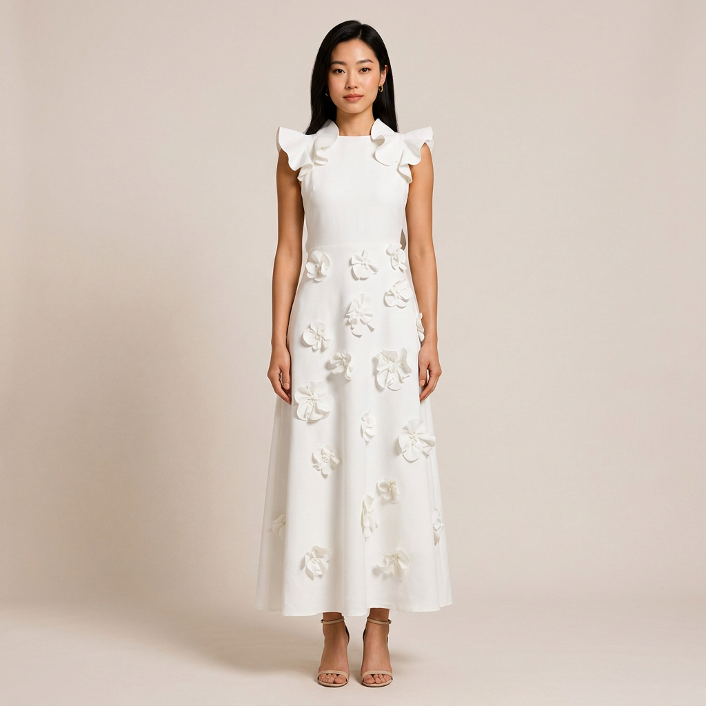 White 3D Floral Appliqué A-Line Maxi Dress-Vyana Collective