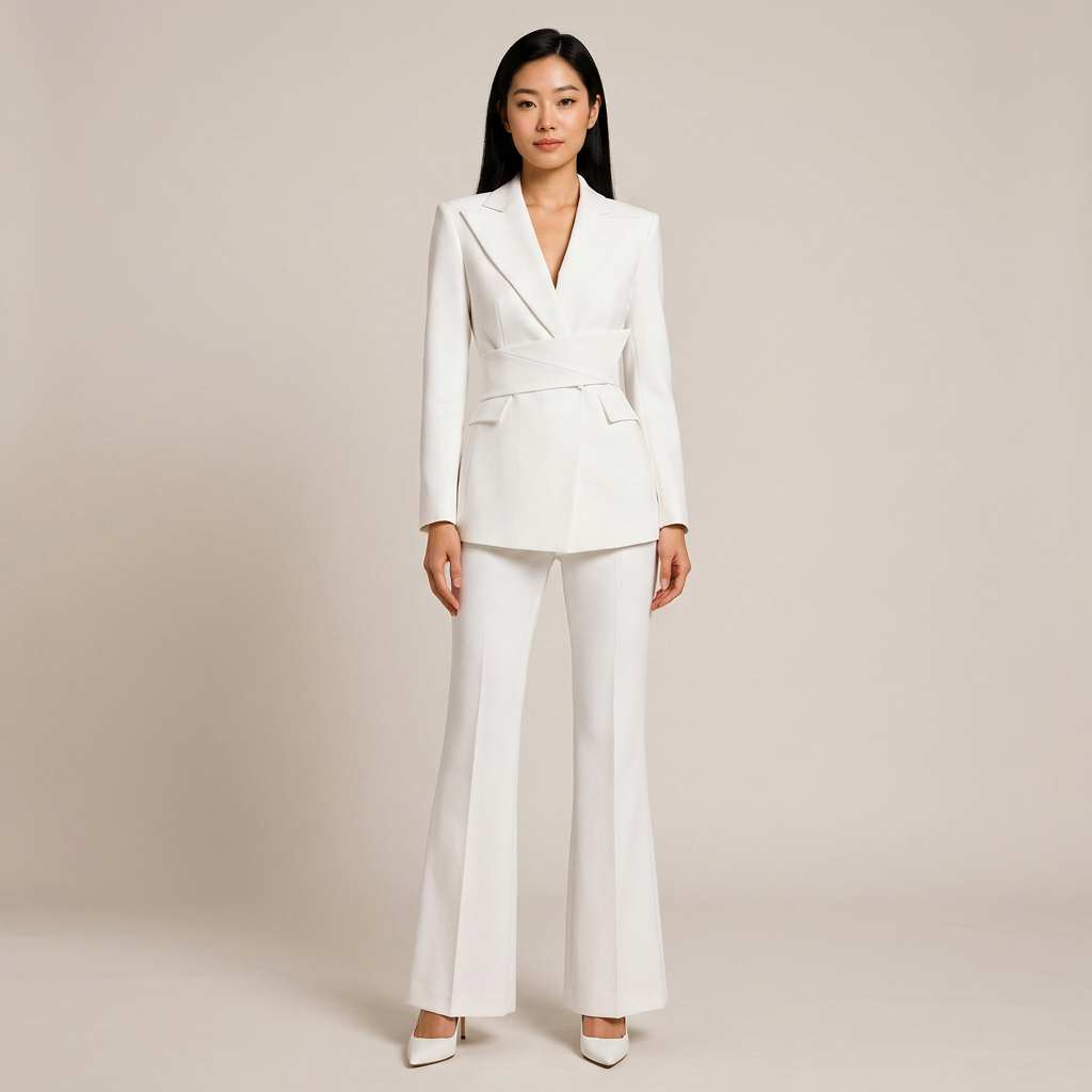 White Belted Blazer and Wide Leg Pants Set for Meetings Ready and Modern Power Dressing Women-Vyana Collective