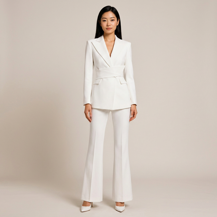 White Belted Blazer and Wide Leg Pants Set for Meetings Ready and Modern Power Dressing Women-Vyana Collective