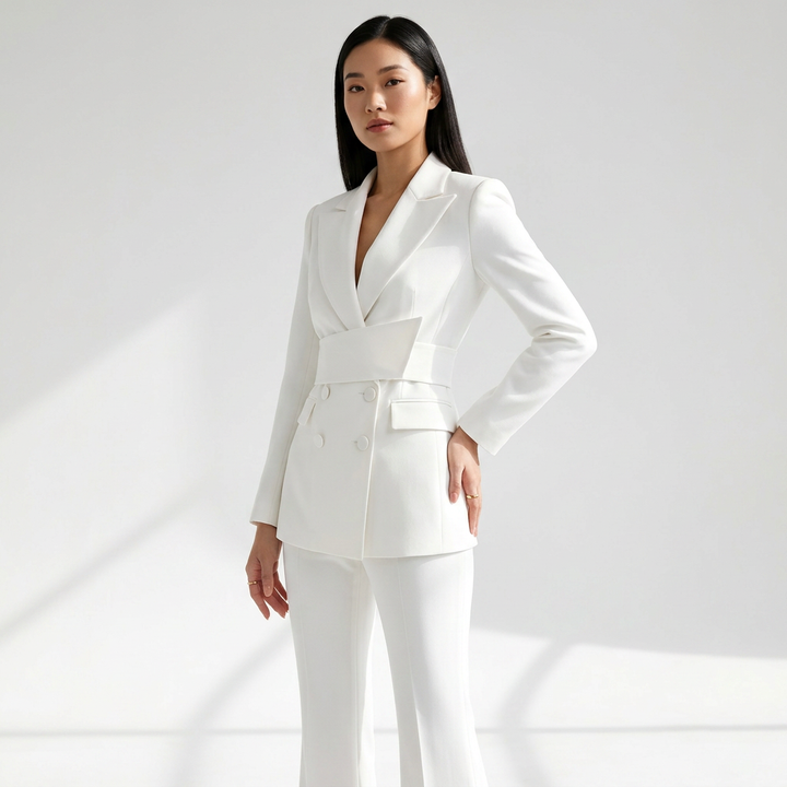 White Belted Blazer and Wide Leg Pants Set for Meetings Ready and Modern Power Dressing Women-Vyana Collective