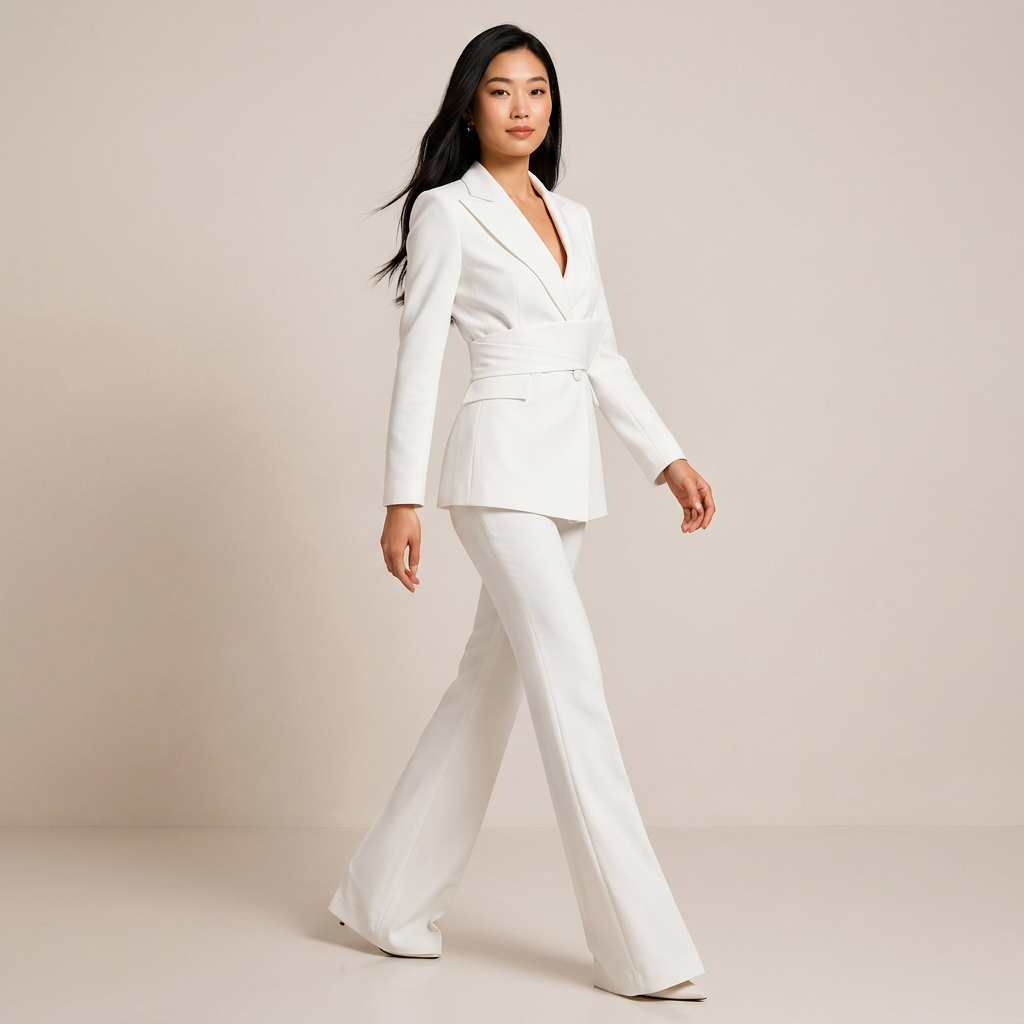 White Belted Blazer and Wide Leg Pants Set for Meetings Ready and Modern Power Dressing Women-Vyana Collective