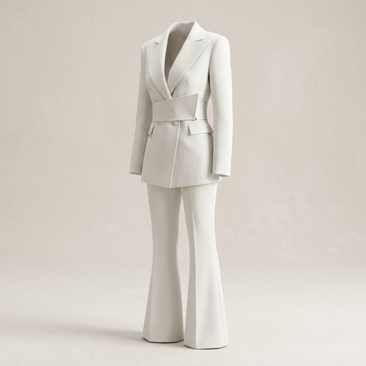 White Belted Blazer and Wide Leg Pants Set for Meetings Ready and Modern Power Dressing Women-Vyana Collective