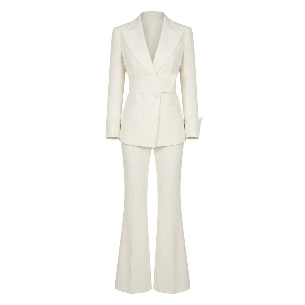 White Belted Blazer and Wide Leg Pants Set for Meetings Ready and Modern Power Dressing Women-Vyana Collective