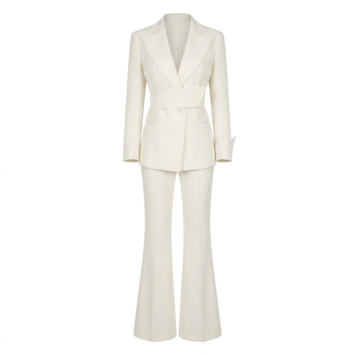 White Belted Blazer and Wide Leg Pants Set for Meetings Ready and Modern Power Dressing Women-Vyana Collective
