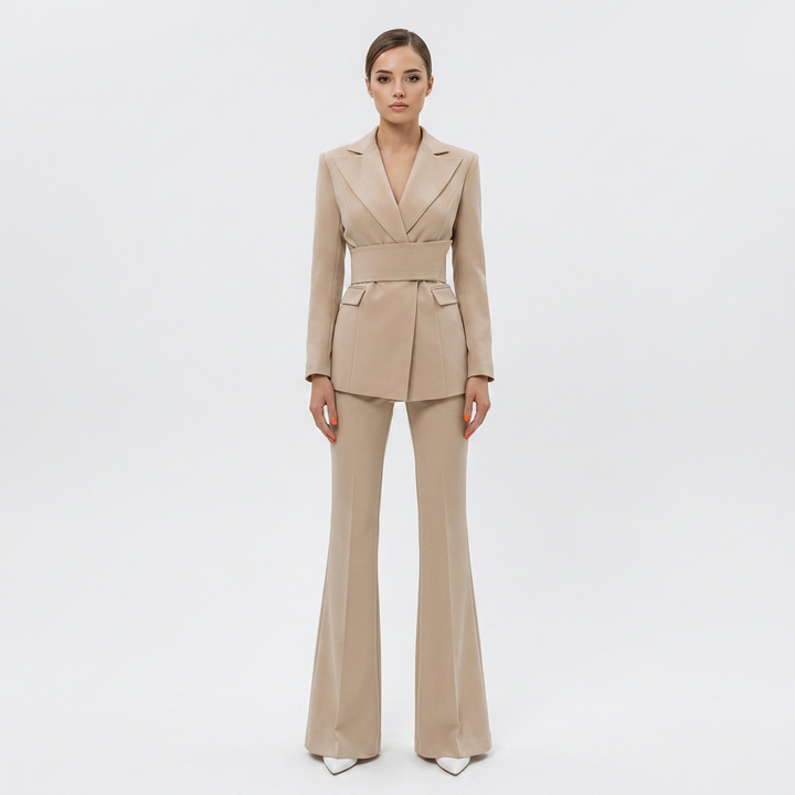 White Belted Blazer and Wide Leg Pants Set for Meetings Ready and Modern Power Dressing Women-Vyana Collective