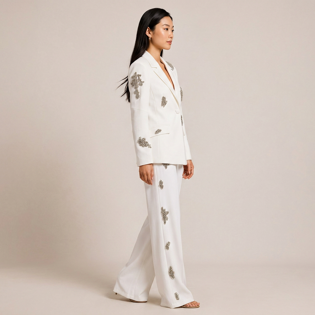 White Crystal Embellished Blazer and Wide Leg Pants Set for Gala Evenings and Luxury Elegance Women-Vyana Collective