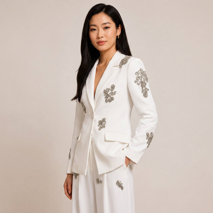 White Crystal Embellished Blazer and Wide Leg Pants Set for Gala Evenings and Luxury Elegance Women-Vyana Collective