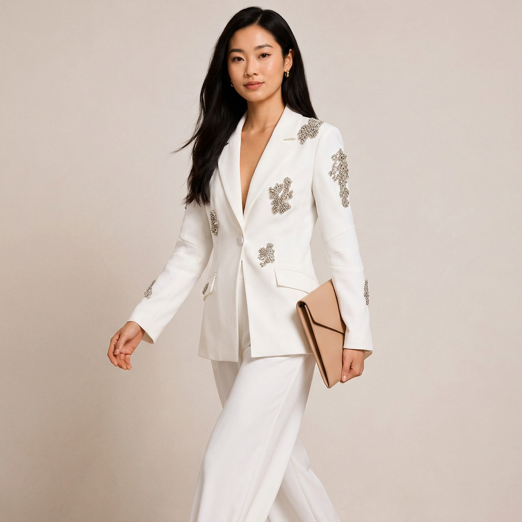 White Crystal Embellished Blazer and Wide Leg Pants Set for Gala Evenings and Luxury Elegance Women-Vyana Collective