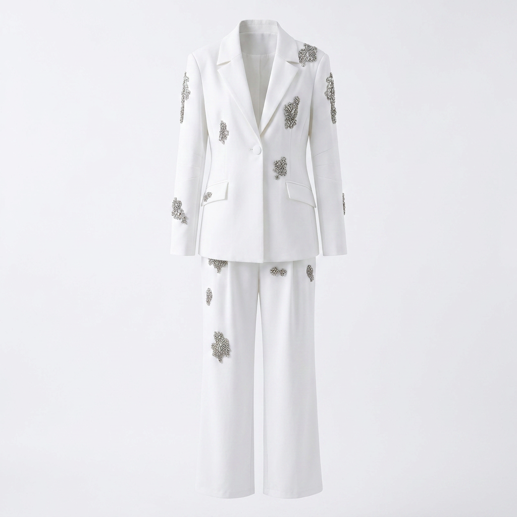 White Crystal Embellished Blazer and Wide Leg Pants Set for Gala Evenings and Luxury Elegance Women-Vyana Collective