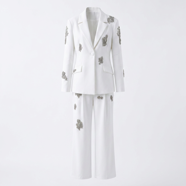 White Crystal Embellished Blazer and Wide Leg Pants Set for Gala Evenings and Luxury Elegance Women-Vyana Collective